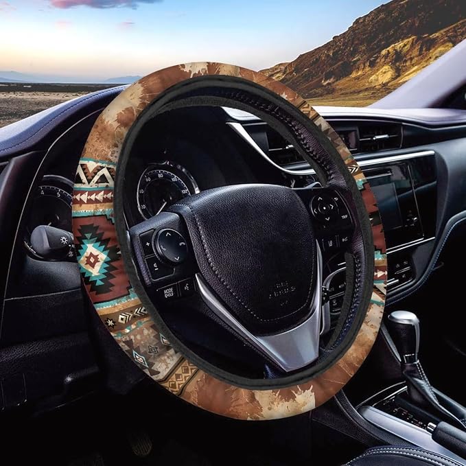 Car Steering Wheel Cover Universal Fit SUV Truck Van, Anti-Skid Soft Stretchy All Weather Protection Auto Decor Accessories, Aztec Navajo Splash Brown