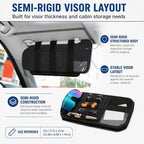 Car Sun Visor Organizer, Black Nylon MOLLE Panel | black nylon pouch with a MOLLE panel, strap-on organizer format, for cards, pens, small tools, and flat accessories