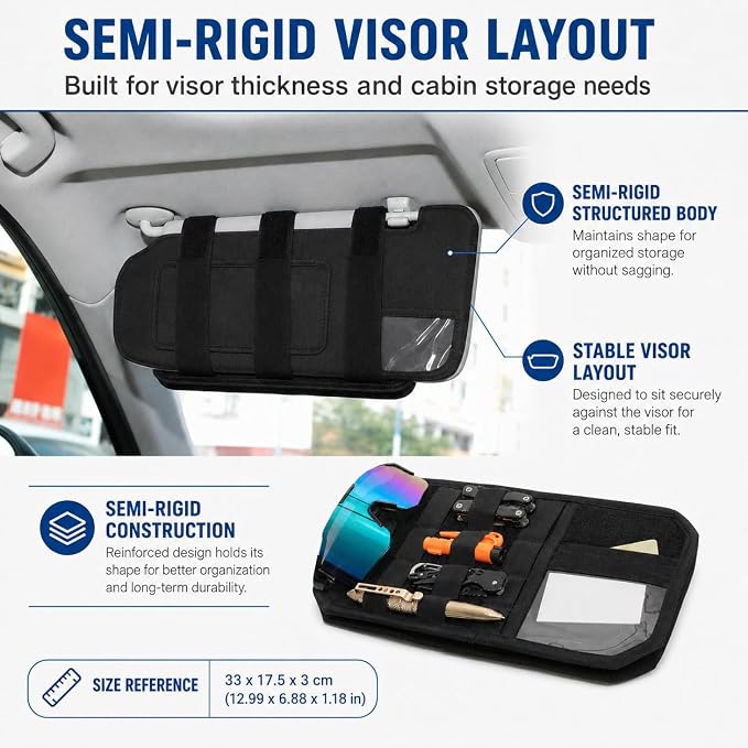 Car Sun Visor Organizer, Black Nylon MOLLE Panel | black nylon pouch with a MOLLE panel, strap-on organizer format, for cards, pens, small tools, and flat accessories