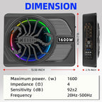 2026 Upgraded 1600W 10" Ultra-Slim Active Under Seat Car Subwoofer Built-in Amplifier & LED Lights | Distortion-Free Bass | Low Pass Filter, Gain & Bass Boost Control