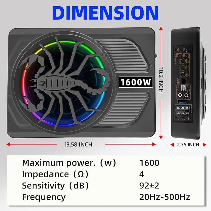 2026 Upgraded 1600W 10" Ultra-Slim Active Under Seat Car Subwoofer Built-in Amplifier & LED Lights | Distortion-Free Bass | Low Pass Filter, Gain & Bass Boost Control