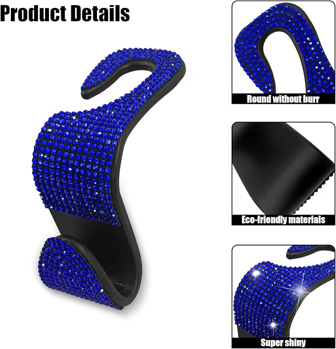 2PCS Car Seat Hooks, Bling Car Rhinestone Headrest Hooks, Universal Bling Car Interior Accessories, for Handbag, Clothes, Purse, Water Bottle (Blue)