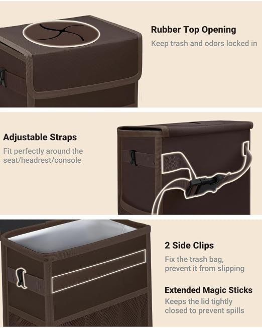 Car Trash Can with Lid, Leakproof Car Trash Bag Hanging Waterproof Automotive Garbage Can with Storage Pockets Mini Vehicle Trash Bin for Back/Front Seat(Brown,3 Gallon)