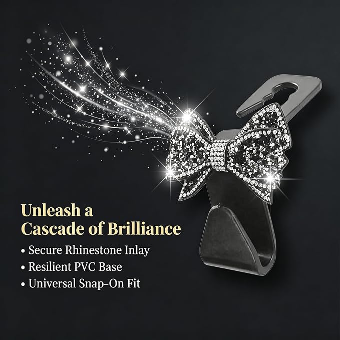 2PCS Bling Bow Car Seat Headrest Hooks, S Type Crystal Rhinestone Bowknot Auto Seat Back Storage Hooks, Diamond Cute Bow Vehicle Storage Organizer, Universal for Purses Bags Groceries(Black)