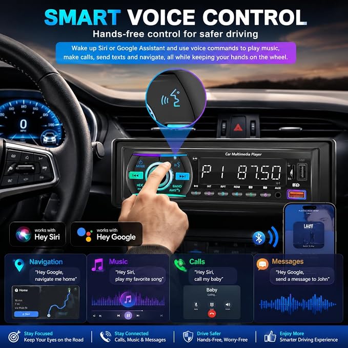 Single Din Radio Car Stereo Bluetooth,Radio Head Unit with FM/Dual USB/AUX/TF/EQ/MP3/RCA,12V Bluetooth Car Stereo Support Hands Free Calling,Clock Display,iOS & Android App Control,No CD(Black)