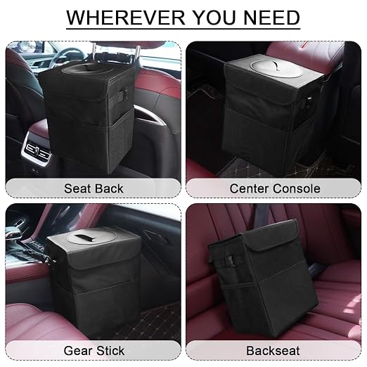 Car Trash Can Bin with Lid - Collapsible Car Garbage Can with Storage Pockets-Black Mini Leakproof Vehicle Trash Bag-Small Automotive Organizers and Storage for Back/Front Seat SUV Truck Accessories