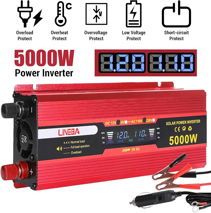 5000 Watt Red Power Inverter with LED Display,Dual AC Outlets,USB Port, 12V DC to 110V AC Converter Car Power Inverter for Vehicles, Car, RV, Truck, Off Grid Solar System, Outdoor Camping