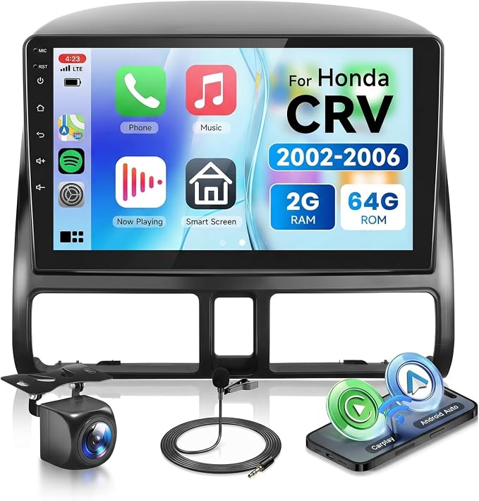 Android 15 Car Stereo for Honda CRV 2002-2006, 9 Inch HD Touchscreen Radio, Wireless CarPlay Android Auto GPS WiFi Bluetooth FM/RDS SWC Dual USB HD Backup Camera 2G+64G