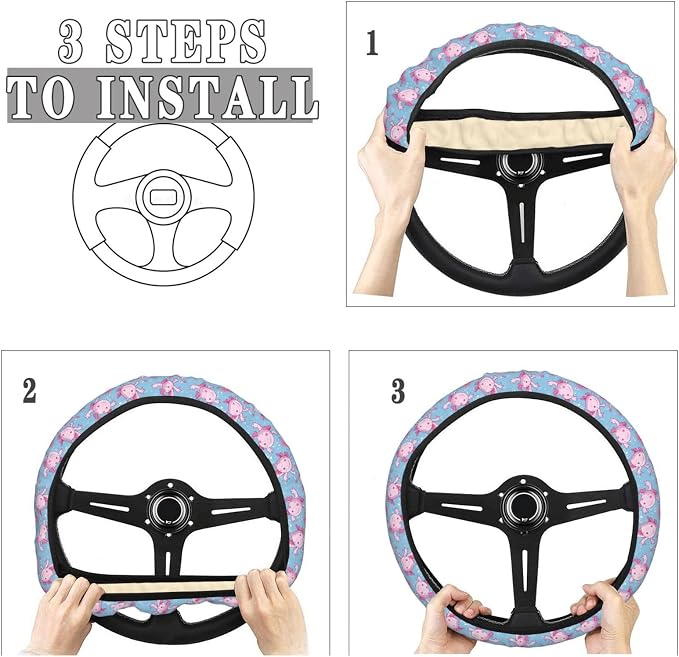 Cartoon Cute Axolotls Steering Wheel Covers Anti-Slip Elasticity Car Accessories Steering Wheel Protector Universal 15 Inch for Cars SUV Vehicle Truck