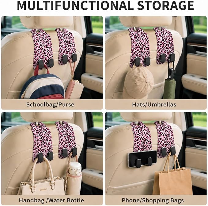 Cute Pink Leopard Car Seat Back Storage Headrest Hooks for Purses & Bags – 2PCS PU Leather Dual Metal Hooks, Backseat Organizer Accessories