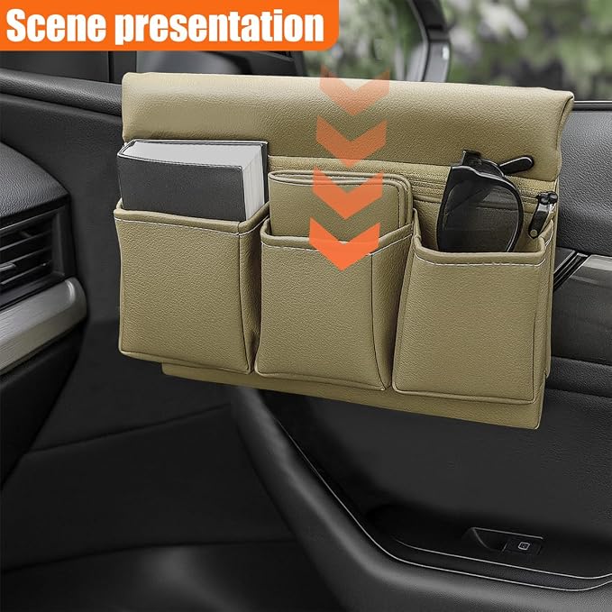 Car Window Armrest Storage Box, Leather Car Side Door Armrest Organizer Storage Bag with Multiple Pockets, Universal Comfortable Elbow Rest Pad Cushion for Auto Interior Accessories (Beige)