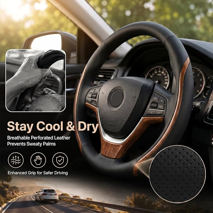 Black Steering Wheel Cover Wood Grain Leather Universal 14.5"-15" | Wood Car Steering Wheel Covers with Coasters Microfiber Breathable Anti-Slip Durable Steering Wheel Accessories Set