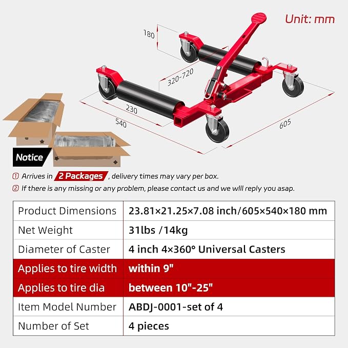 Car Dolly Jack Set of 4, Mechanical 1500-lbs Wheel Dolly, 9'' car Wheel Dolly Positioning Jack, Car Dollies for Vehicle Positioning & Auto Repair Moving, Red