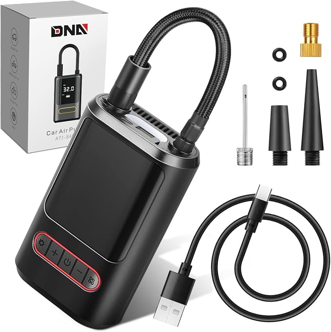 Tire Inflator Portable Air Compressor, 150PSI Cordless Air Pump for Car, Bike, Motorcycle, Ball, Electric Bike Tire Pump with Pressure Gauge, LED Light, Red, TOOLS-00678-RD