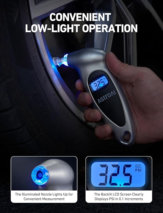 Digital Tire Pressure Gauge 0-150PSI Calibrated to ANSI B40.7 +/-1PSI, 4 Units for Car Truck Bicycle with Backlight LCD and Presta Valve Adaptor, Sliver, 4Pack