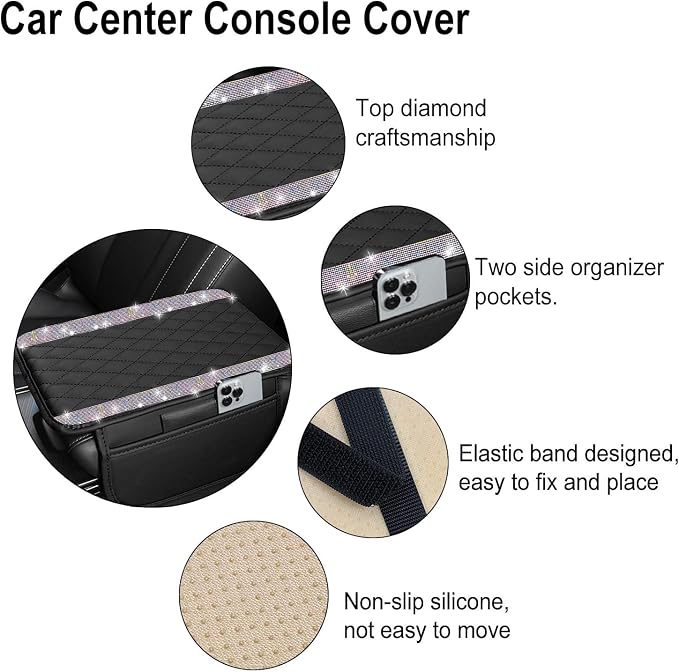 Bling Car Center Console Cover, Leather Car Arm Rest Cover Cushion with 2 Storage Bags, Universal Auto Armrest Protector Storage Box, Bling Accessories Interior for Most Vehicles (Multicolor)