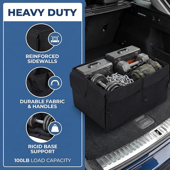 HZEL Car Trunk Organizer, Foldable Large Capacity Vehicle Backseat Cargo Net Storage Container with Handle, Collapsible Waterproof Automotive Trunk Storage Organizer, Universal for Vehicles
