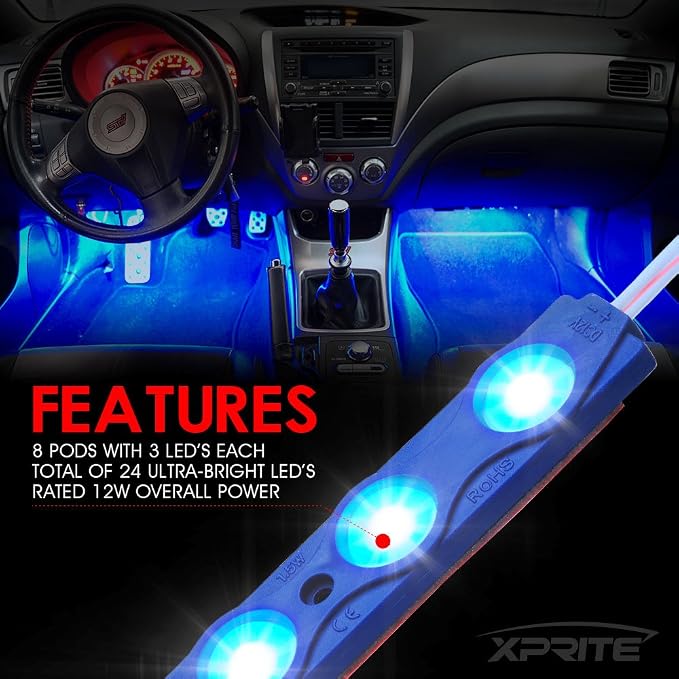 Blue LED Truck Bed Light Kits Rock Lights with On/Off Switch, for Pickup Footwells, Running Boards, Cargo, Under Car, Tonneau Cover, Rail Lighting - 8 PCs