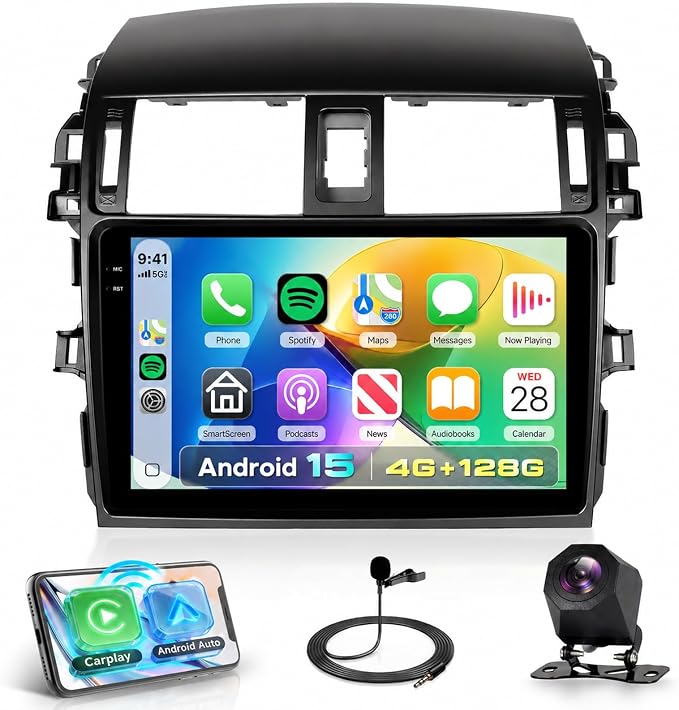 4Core 4G+128G Android 15 Car Radio for Toyota Corolla 2009-2013, Car Stereo Wireless Carplay Andorid auto Mirror Link 9'' HD Touchscreen GPS WiFi Bluetooth 5.0 FM/RDS EQ-32 SWC Backup Camera