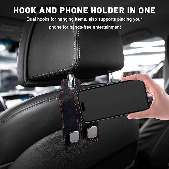 2 PCS Car Purse Hook, Multi Functional Vehicle Seat Back Storage Hooks Interior Accessories, Creative Metal Headrest Hanger Auto Seat Organization for Purses Phones Bags (Black)