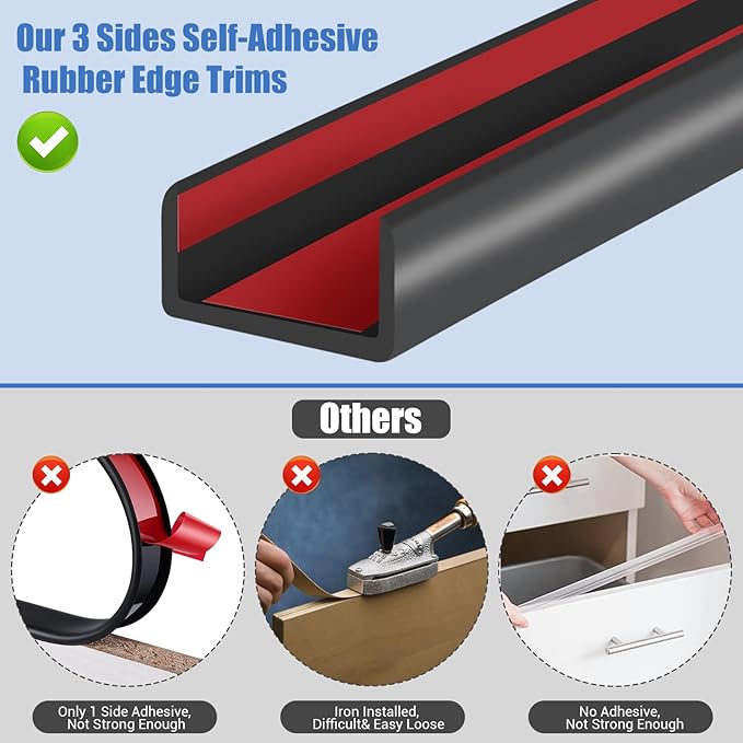 Rubber Edge Trim, Self-Adhesive U Shaped Edge Protector for Plywood, Cabinet, 1-5/8" Wood Edge Banding, Flexible Furniture Repair, EPDM Material, Fit 1-5/8"(41mm), Length 20Ft, Black