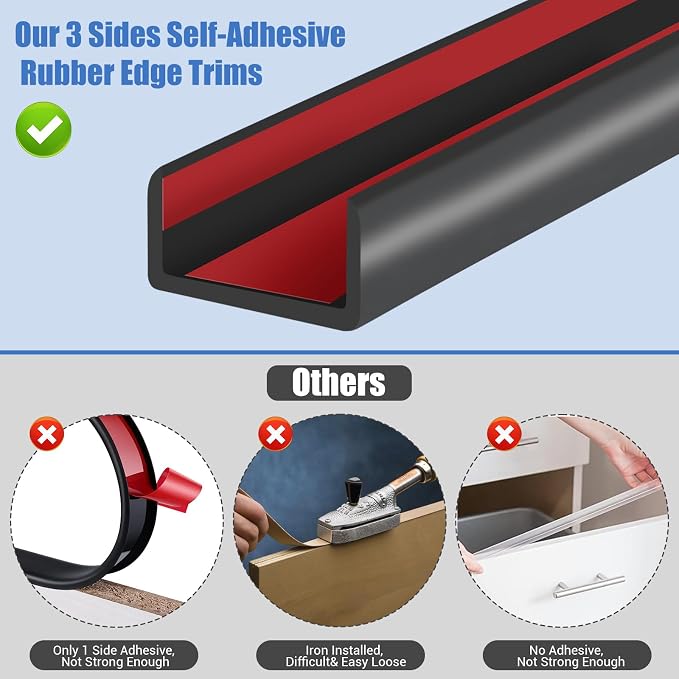 Rubber Edge Trim, Self-Adhesive U Shaped Edge Protector for Plywood, Cabinet, 1-7/8" Wood Edge Banding, Flexible Furniture Repair, EPDM Material, Fit 1-7/8"(48mm), Length 20Ft, Black