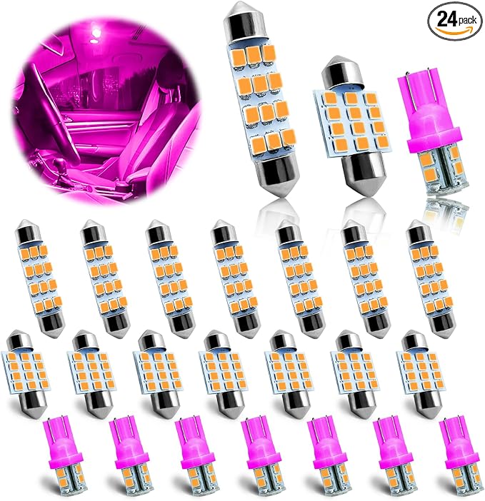 24PCS LED Interior Replacement Bulbs, Interior Car Lights, Dome Light LED Car Bulb Kit Set T10 31 mm 42 mm, Used for Map Dome Lights and License Plate Courtesy Lights Accessories (Pink)