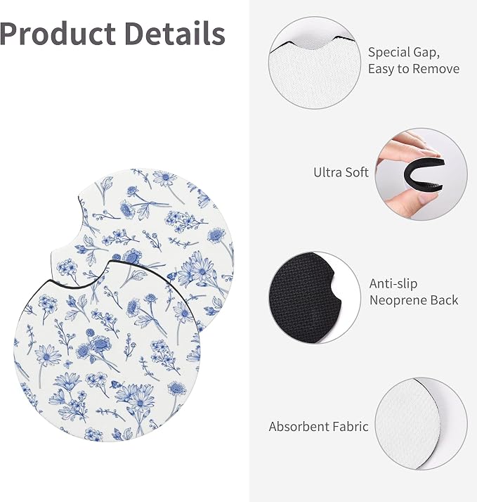 Flowers Blue Steering Wheel Cover - Watercolor Blue Flowers Steering Wheel Cover Anti-Slip Universal Breathable 14-15-in 2 Car Cup Coasters for Men Women