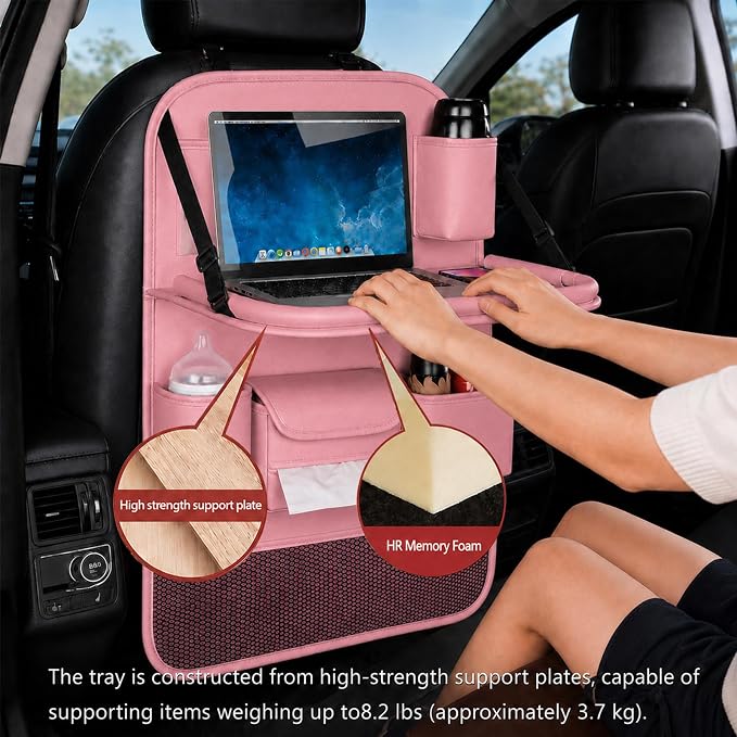 2 Pack Leather Car Backseat Organizer with Foldable Table Tray, Universal Car Seat Back Protector Kick Mat with Touchscreen Tablet Holder, Storage Pockets, Cup Holders & Tissue Holder, Pink