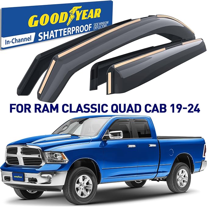 Goodyear Shatterproof in-Channel Window Deflectors for Dodge Ram 1500 Classic 2019-2024 Quad Cab, Rain Guards, Window Visors for Cars, Vent Deflector, Car Accessories, 4 pcs - GY008036