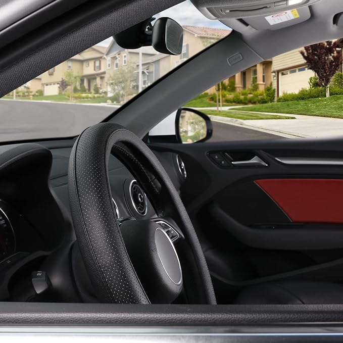 Black Car Steering Wheel Cover Small Size 14-14.25 inch (35.5-36 cm), for Prius Civic Model 3 Model Y Camaro, Breathable Microfiber Leather