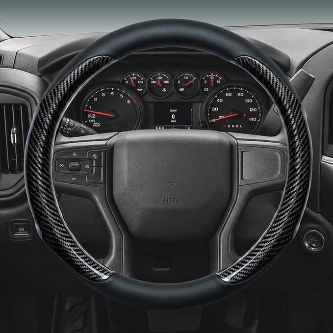 Leather Steering Wheel Cover for Chevy Silverado 1500 2500 3500, 14.5-15 inches Car Steering Wheel Cover with Non-Slip Breathable (Carbon Black)