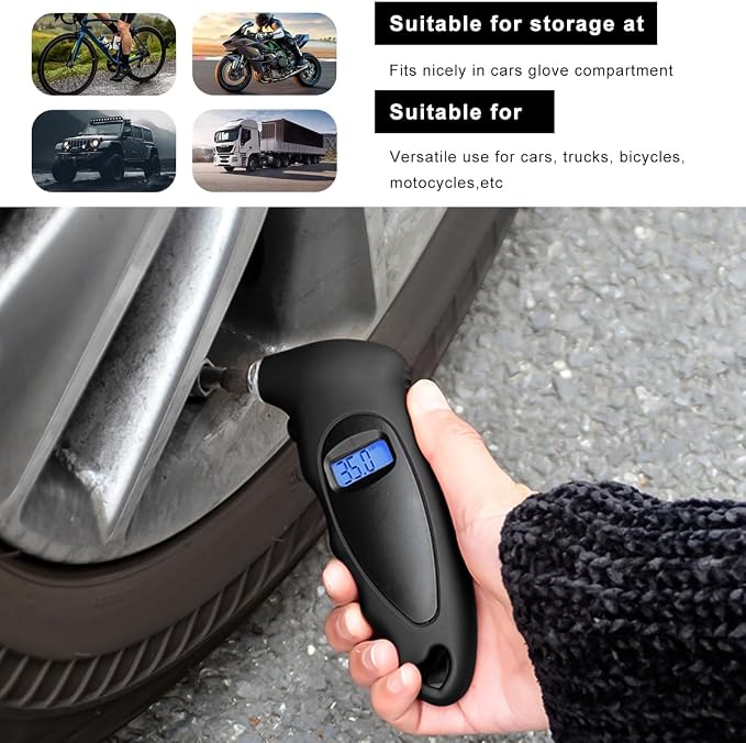 Digital Tire Pressure Gauge, 150PSI 4 Settings High Accuracy Tire Gauge with Backlit LCD and Non-Slip Grip, Easy to Read Air Pressure Gauge for Cars, Trucks and Bicycles (Black)