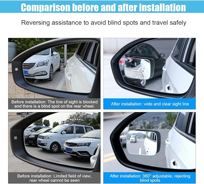 Rectangle Blind Spot Car Mirror - 2" Frameless HD Glass Convex Mirror - 360 Degree Wide Angle Rear View Mirror Side Mirror with Adjustable Stick for Car SUV Truck (Rectangle/2PCS)