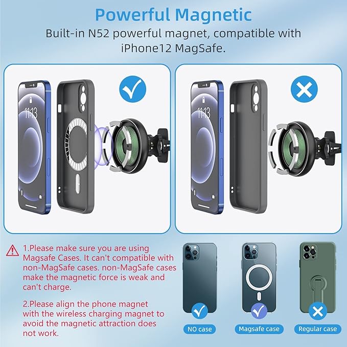 for Magsafe Car Mount Charger for Magnetic Wireless Charging for iPhone12/13/14/15/16Pro,Pro Max,Plus,Mini,Vent&Dashboard Strong Magnets Phone Holder with Fast 36W QC 3.0 Adapter(Dark Black)