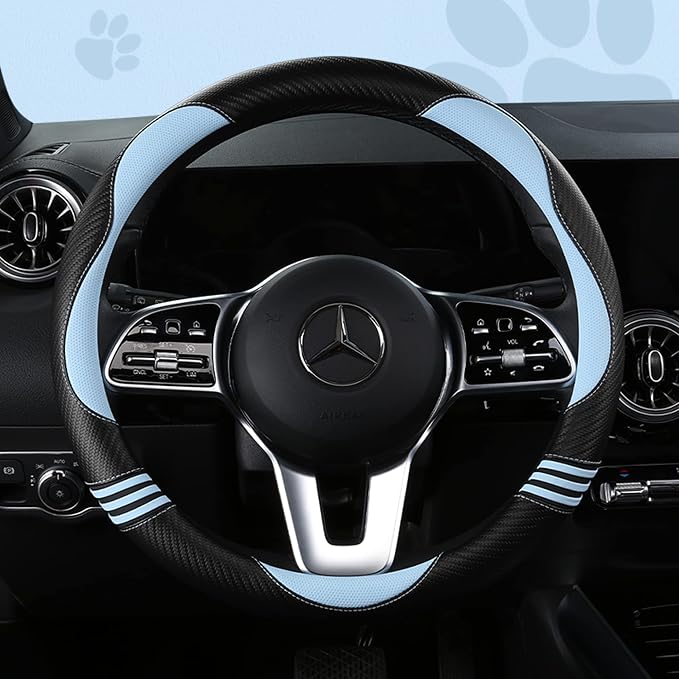 Car Steering Wheel Covers for Women Girl Padded Carbon Fiber PU Leather Cute Cartoon Auto Interior Accessories for Jeep, Truck, Universal, Anti Slip, Blue, Large Size, 15.2-16in