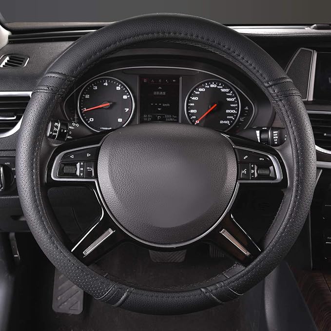 Classical Leather Automotive Universal Steering Wheel Covers,Universal Fit for Suvs,Trucks,Sedans,Cars,Vans,14.5-15inch Anti-Slip Safety Comfortable Desgin(Black)
