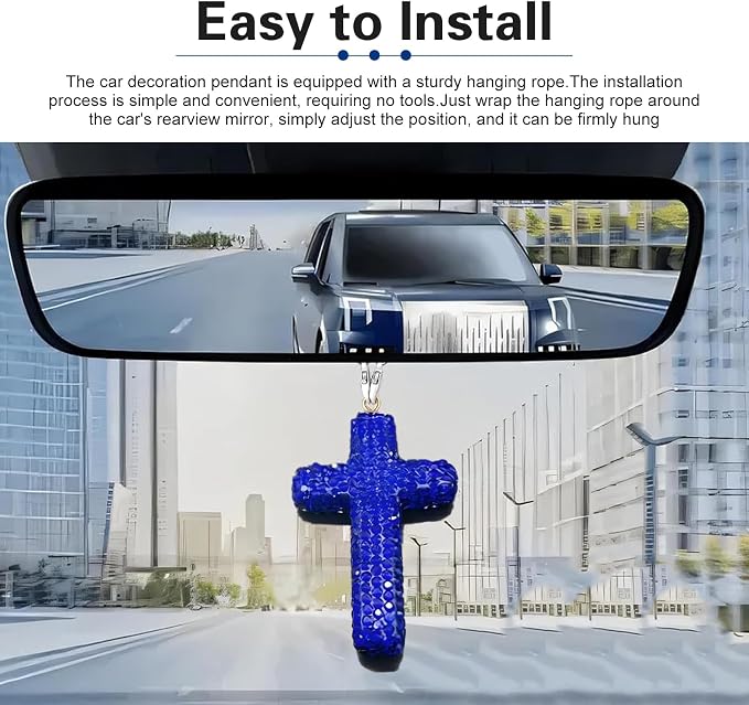 Bling Cross Car Hanging Accessories, Crystal Rhinestone Rear View Mirror Pendant, Religious Rearview Mirrors Decoration Charm, Car Hanging Ornament, Automotive Interior Accessories (Dark Blue)