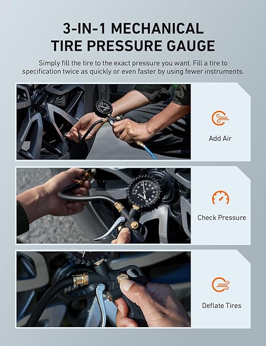 Tire Pressure Gauge with Inflator, 100 PSI-ANSI B40.1 Accurate, Large 2.5" Easy Read Glow Dial, Heavy Duty Air Chuck and Compressor Accessories with Rubber Hose and Quick Connect Coupler