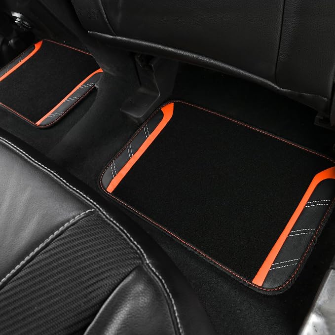 Leather Steering Wheel Cover and Waterproof Car Floor Mats,Microfiber Universal Car Combo Fit for 95% Sedan SUV Van Truck,14.5-15inch Sporty Anti-Slip Safety Comfortable Design, Black＆Orange