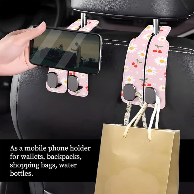 Car Seat Headrest Hook, Universal Leather Cute Hanger Holder Hook, Storage Organizer Interior Accessories for Purse Bags Handbag Cute Daisy Cherry