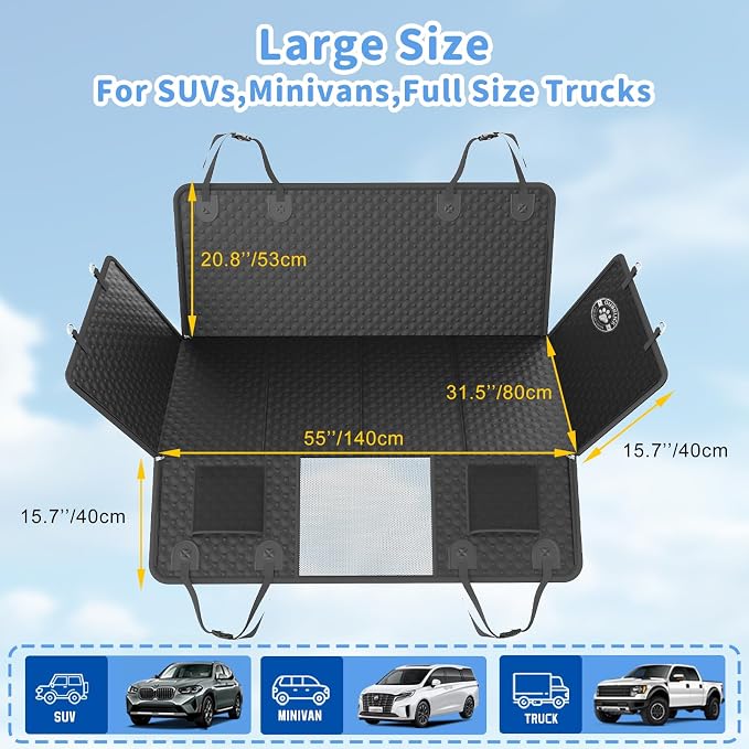 Back Seat Extender for Dogs, PU Leather Hard Bottom Truck Dog Seat Cover for Back Seat, Waterproof Pet Hammock Bed for Car with Side Flap, High Barrier Truck Pet Back Seat Covers