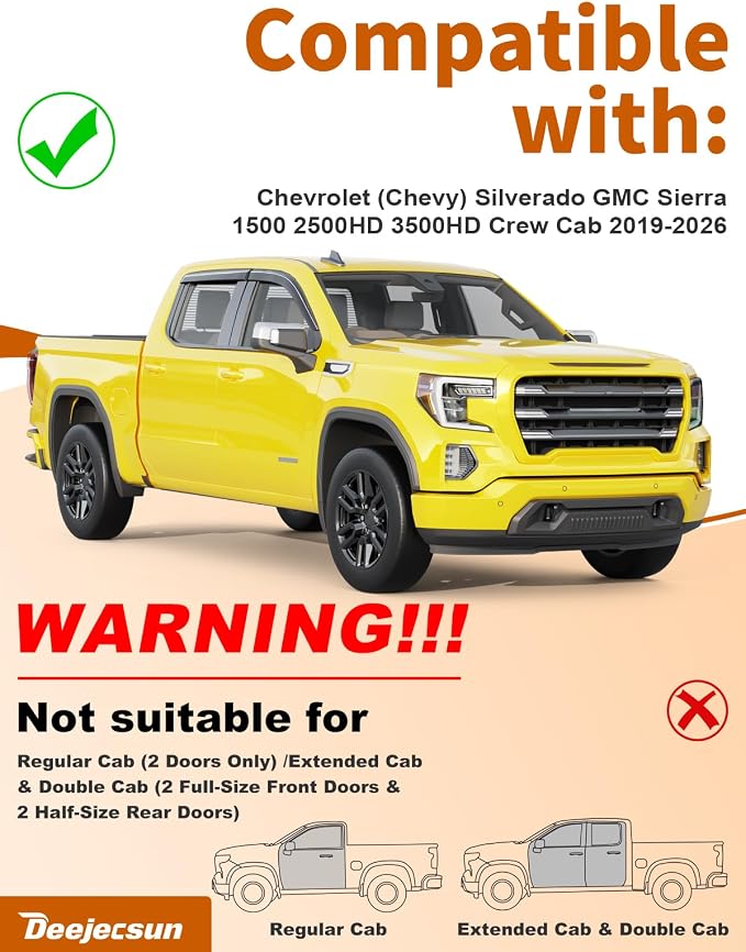 Extra-Thick Window Rain Guards Fit for Chevrolet (Chevy) Silverado GMC Sierra 1500 2500HD 3500HD Crew Cab 2019-2026 Tape-on Window Deflectors Rain Guards Vent Visors Truck Vent Shades