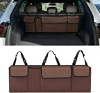 Car Trunk Organizer, Waterproof Backseat Hanging Large Storage with Adjustable Straps, Collapsible Cargo Bag with 4 Pockets, Car Interior Accessories for Truck, SUV, MPV (Brown)