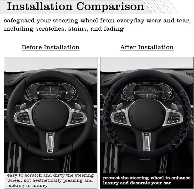 Black Diamond Patterned Plush Steering Wheel Cover, for Universal Auto Steering Wheel 14.5-15 in, Short Fluffy, Anti-Slip, Soft Plush, Comforting and Luxurious, Odorless, Soft Texture