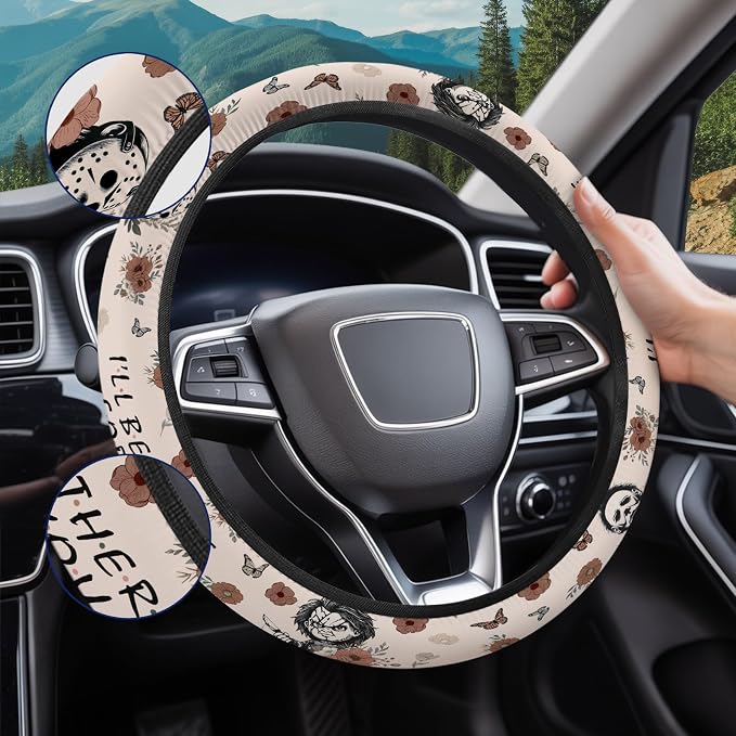 Vintage Horror Collage Steering Wheel Cover, Non-Slip Polyester Wheel Grip, Universal 15 Inch Car Accessory