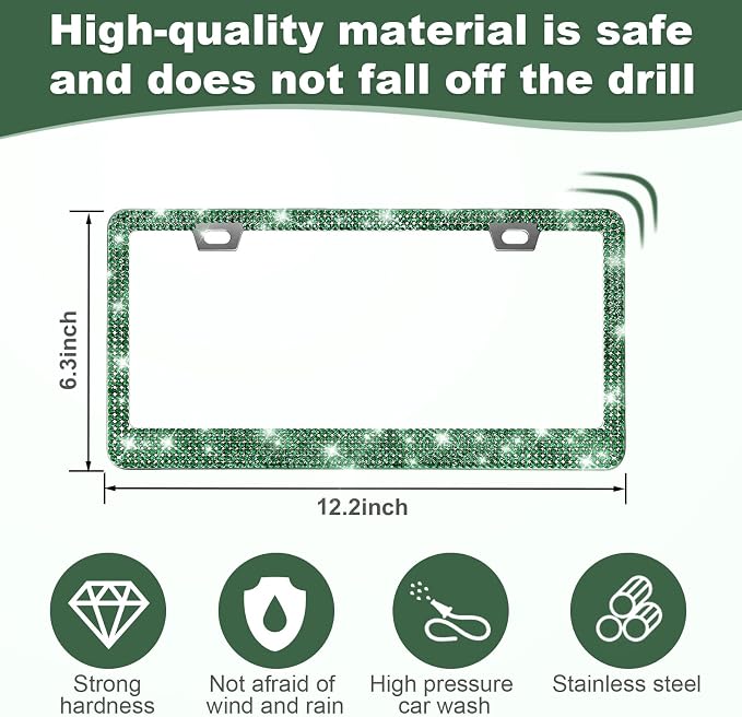 2 Pack Bling License Plate Frames for Women, Sparkly Rhinestone Diamond Car Accessories with Glitter Crystal Caps (Dark Green)