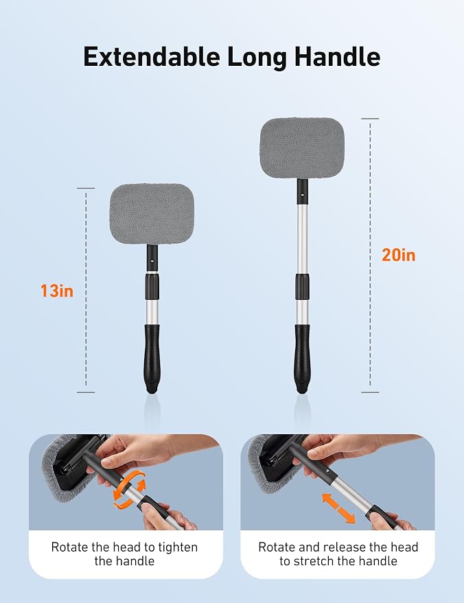 Windshield Cleaner, Microfiber Window Cleaner with 4 Reusable Washable Large Sponge Pads, Extendable 180° Rotating Handle, Fits Cars & SUVs, Includes Spray Bottle, Gray