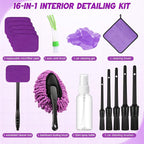 16 Pcs Windshield Cleaner Tool, Car Cleaning Kit with Various Detailing Brushes Set Spray Bottle Cleaner Towel Cleaning Gel Accessories Car Interior Detailing Kit for Windows Vents(Purple)