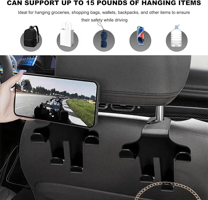 2PCS Car Seat Headrest Hooks, 4-in-1 Sturdy Car Seat Back Hanger Multifunctional Hanging Holder, Heavy Duty Auto Storage Hook Organizer for Handbags Purses Coats Grocery Bags